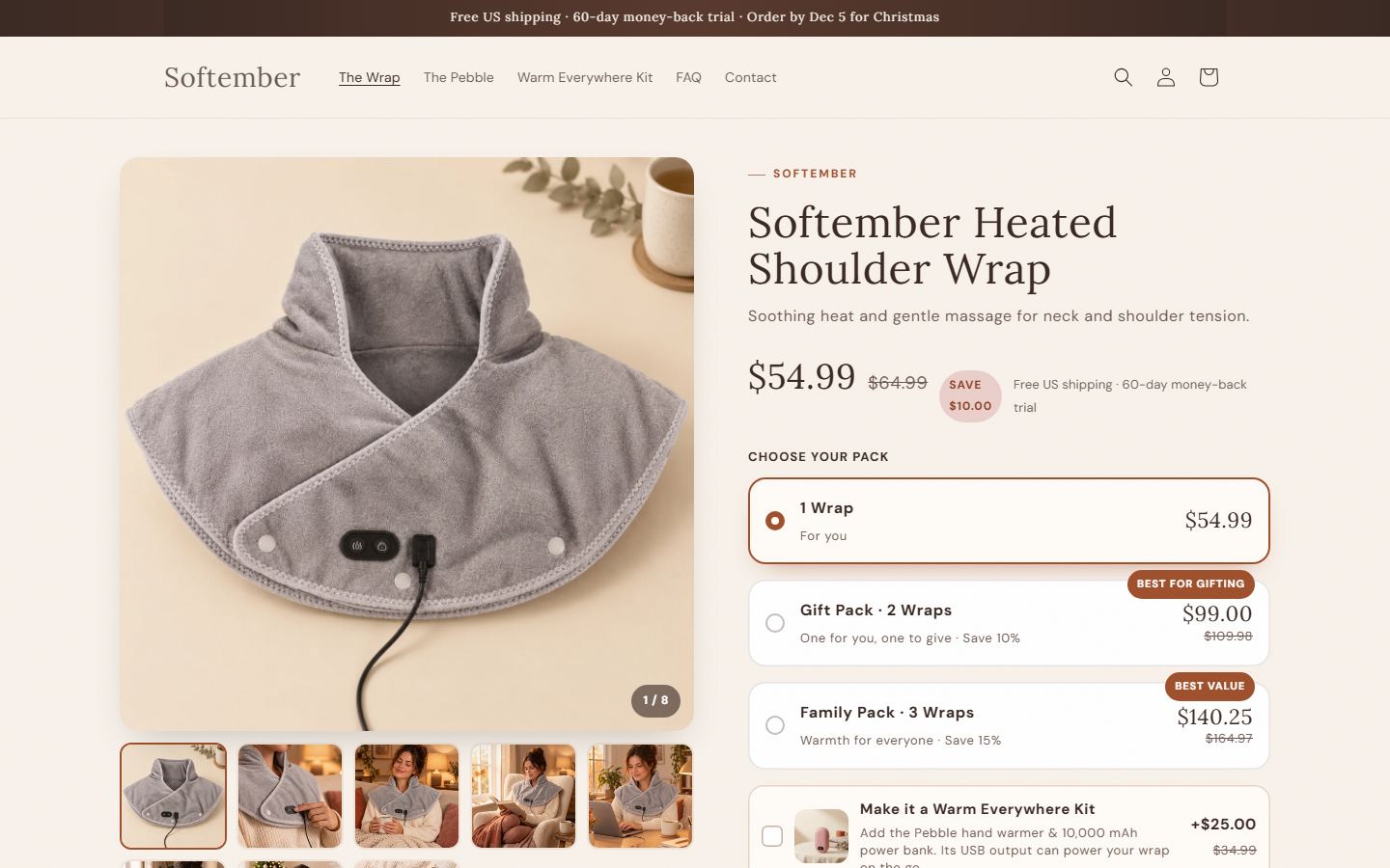 Softember product page with pack selector and offer